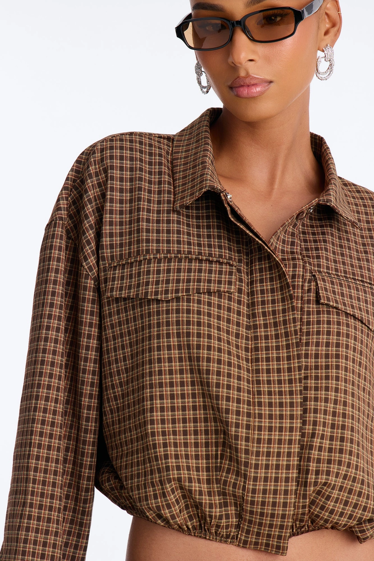 Autumn Skies Plaid Button Up Blouse - Brown/combo — Castanho/combinação