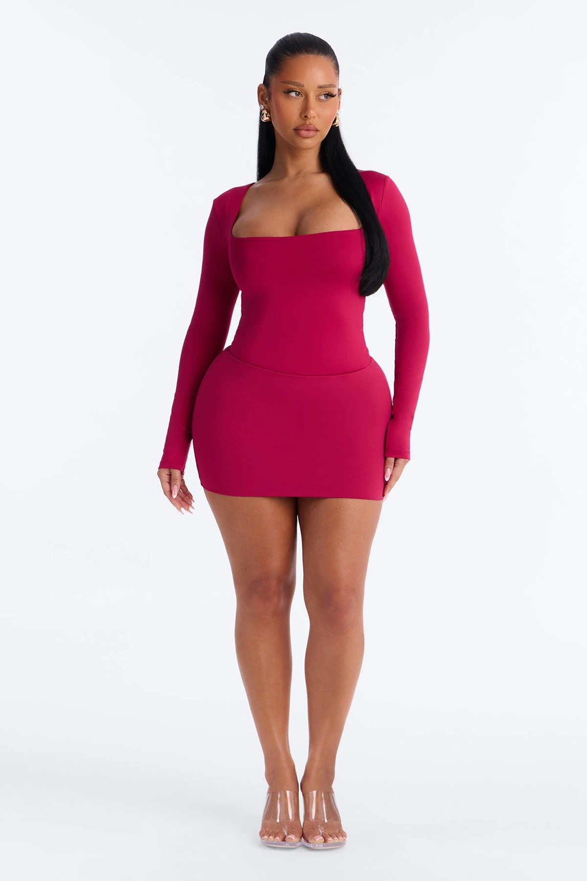 Contour Double Lined Long Sleeve Square Neck Bodysuit - Raspberry — Raspberry