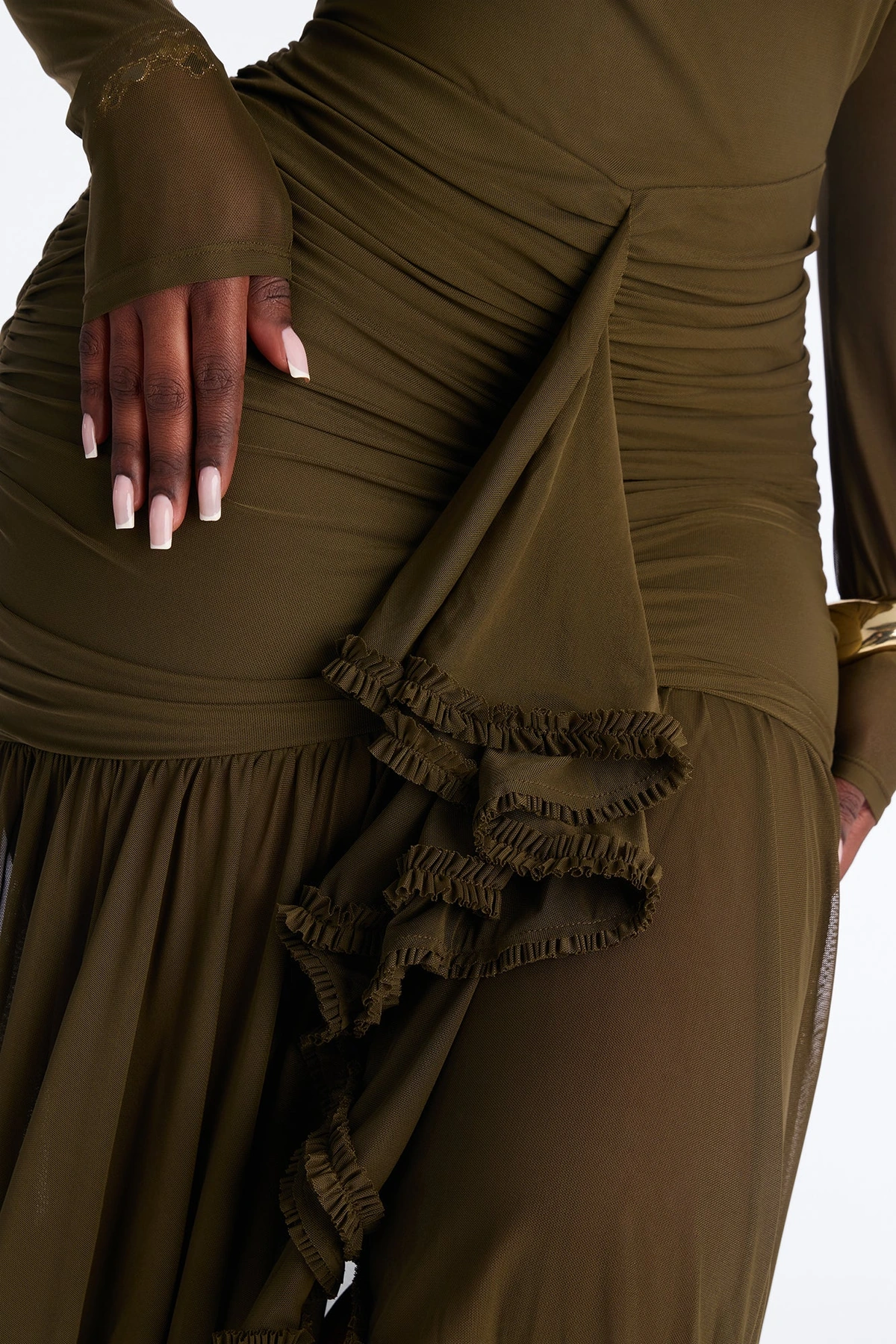 Mallory Ruffle Draped Mesh Midi Dress - Olive — Verde-azeitona