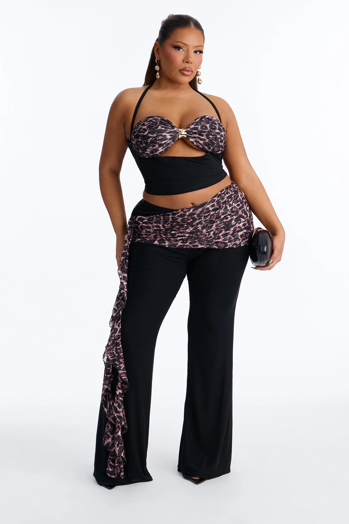 Wildly Tempting Halter Leopard Pant Set - Black/combo — Preto/combinação