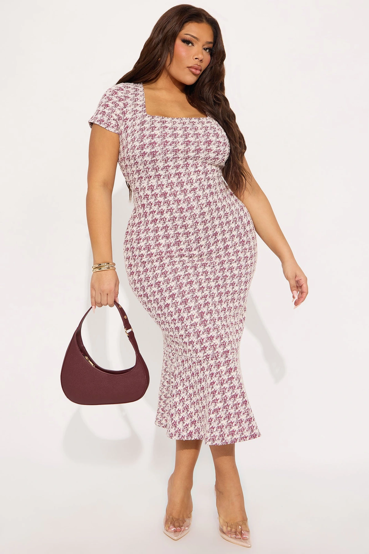 Margot Stretch Tweed Midi Dress - Burgundy/combo — Bordô/combinação