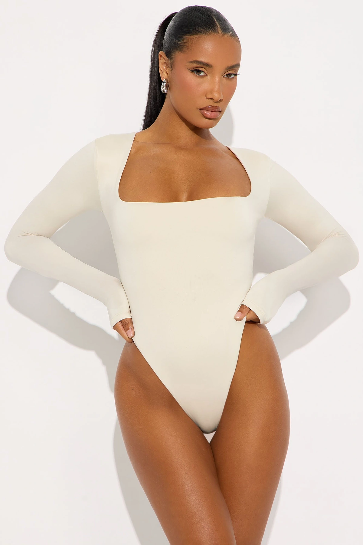 Contour Double Lined Long Sleeve Square Neck Bodysuit - Bone — Bone