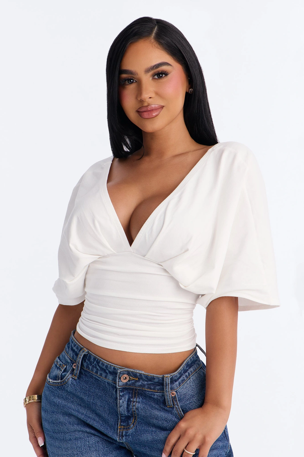 Taylor Cinched Waist Ruched Short Sleeve Top - White — Branco