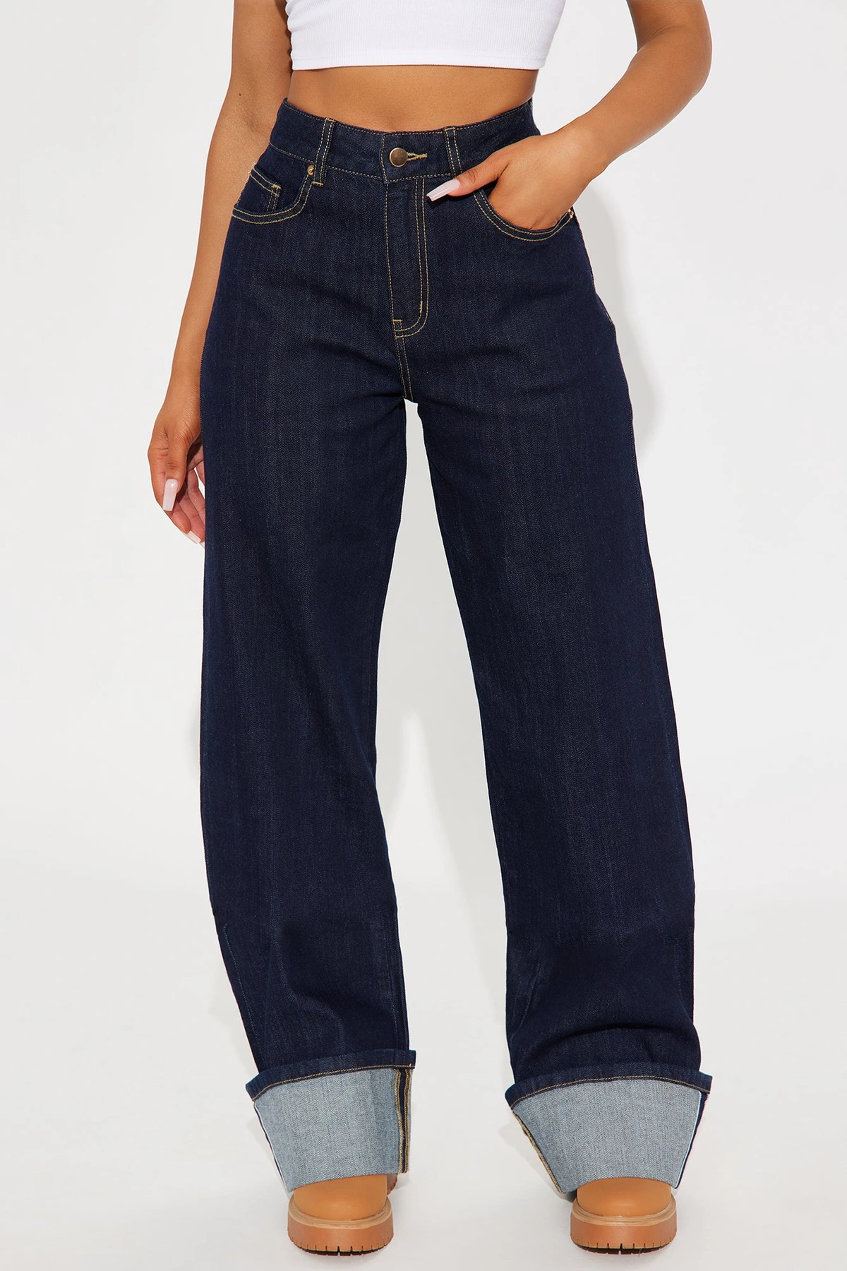 Tall Premium Cuffed Straight Leg Jeans - Dark Wash — Ganga de lavagem escura