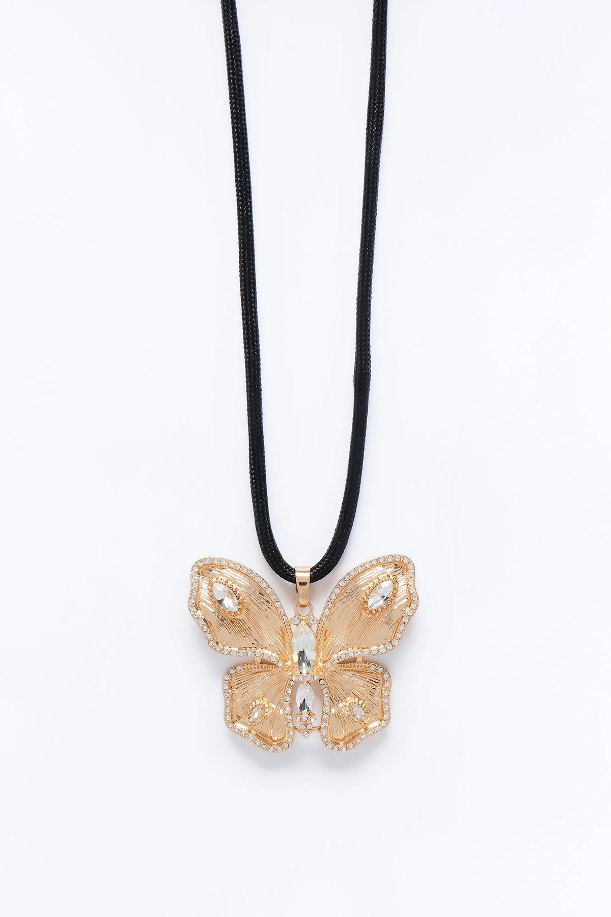 Flutter Bliss Rhinestone Butterfly Pendant Necklace - Gold/Black — Dourado/Preto