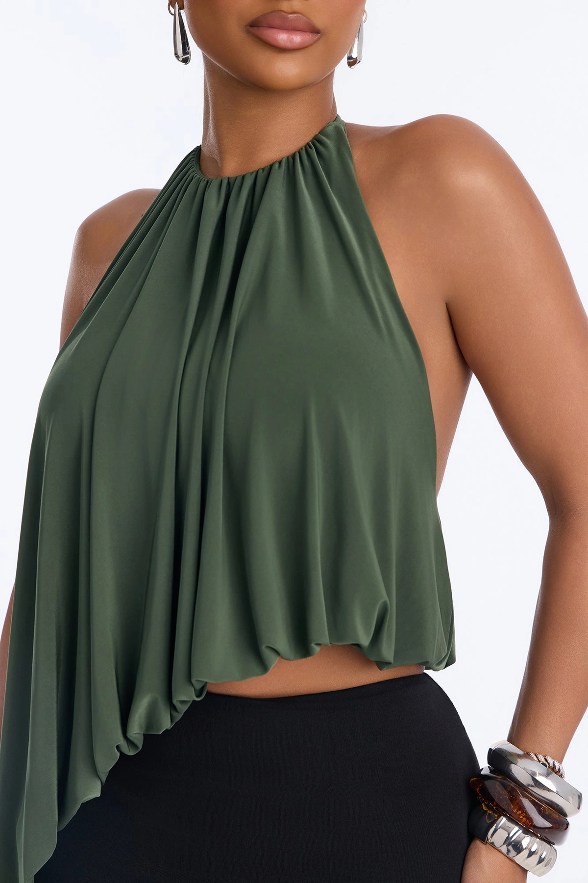 Selena Ruched Asymmetrical Halter Top - Olive — Verde-azeitona