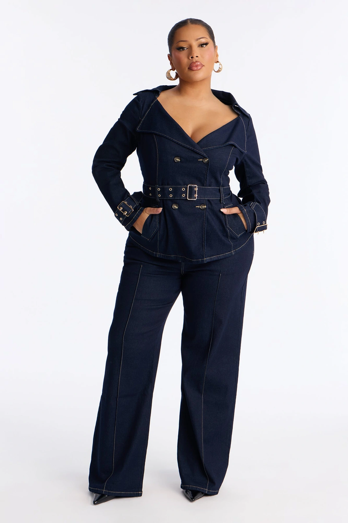 Ellanor Belted Trench Denim Pant Set - Dark Denim — escuro Ganga