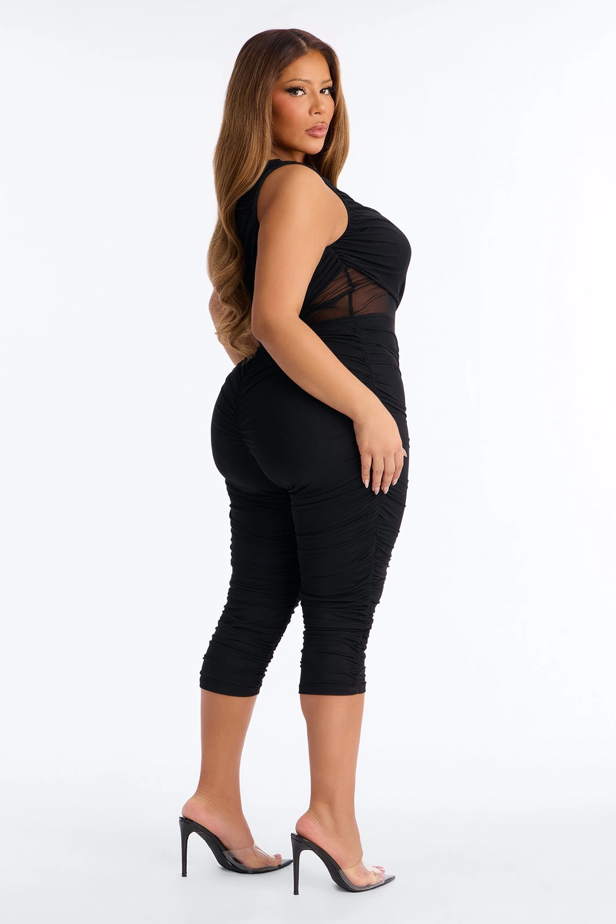 Aria Mesh Cut Out Capri Catsuit - Black — Preto