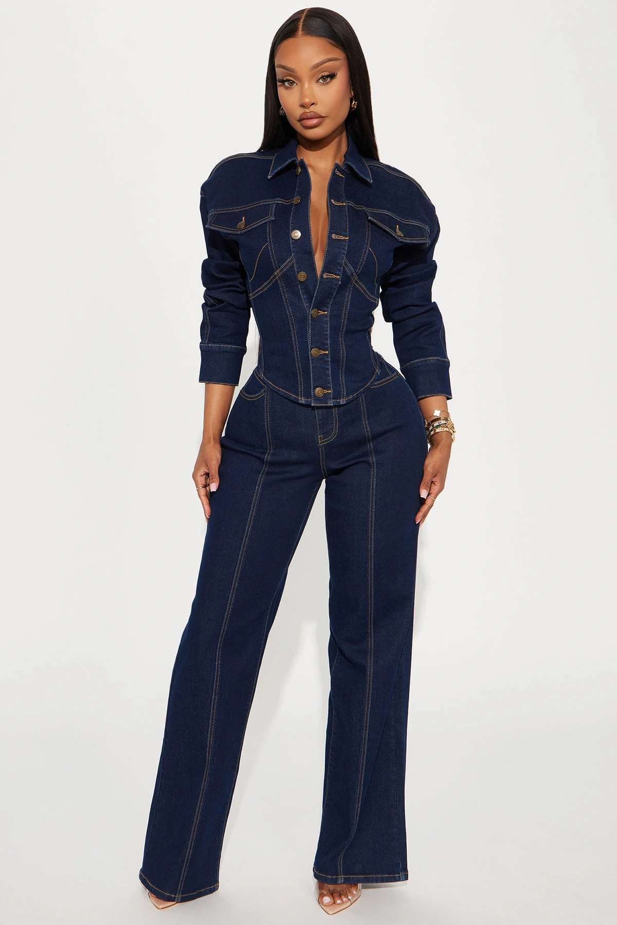 Nessa Denim Pant Set - Dark Wash — Ganga de lavagem escura