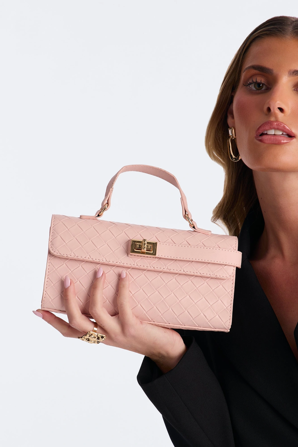 Chloe Woven Faux Leather Satchel Handbag - Pink — Rosa