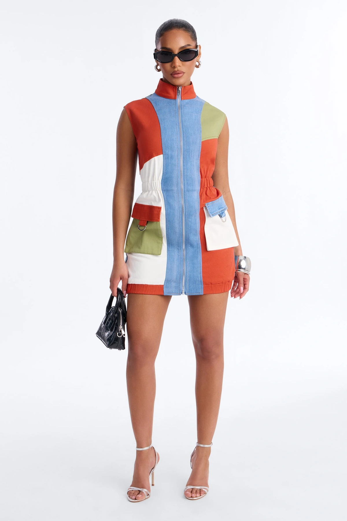 Sonic Vroom Colorblock Stretch Denim Mini Dress - Orange/combo — Laranja/combinação
