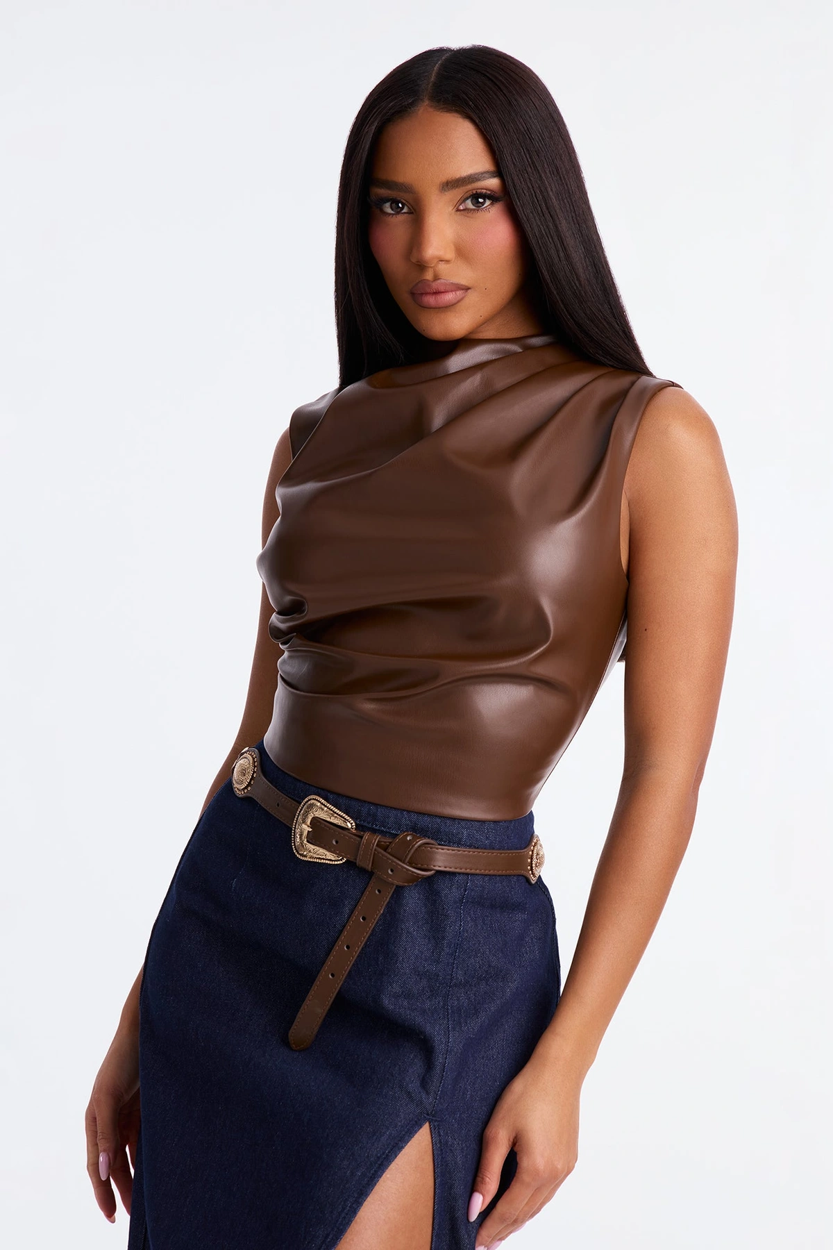 Rancho Glam Faux Leather Belt - Gold/Brown — Dourado/Castanho