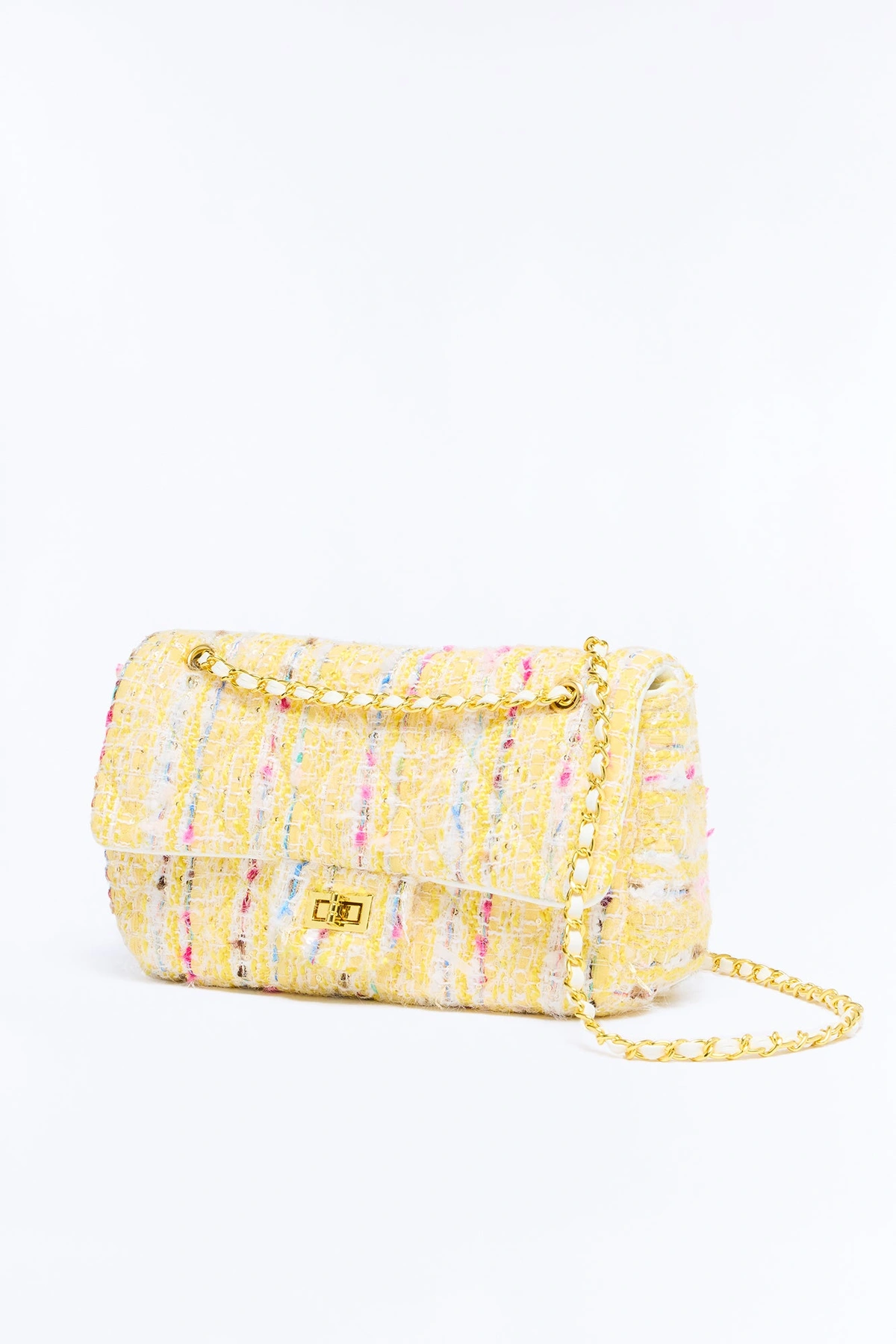 Clueless Chic Tweed Crossbody Handbag - Yellow/combo — Amarelo/combinação