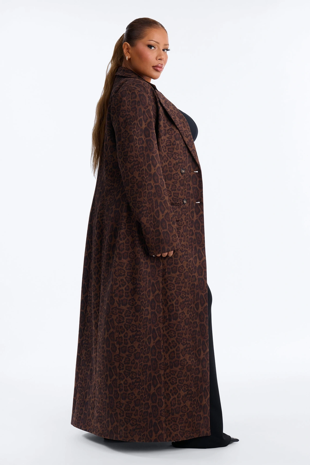 Feeling Frisky Fitted Leopard Print Maxi Coat - Brown — Castanho