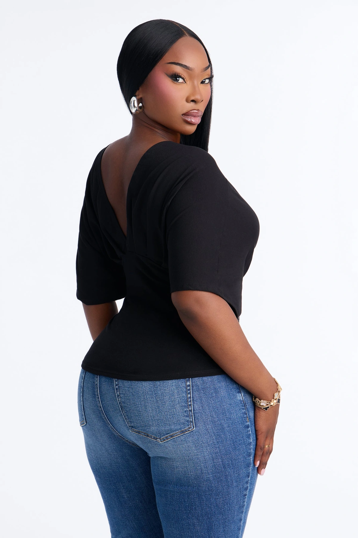 Taylor Cinched Waist Ruched Short Sleeve Top - Black — Preto