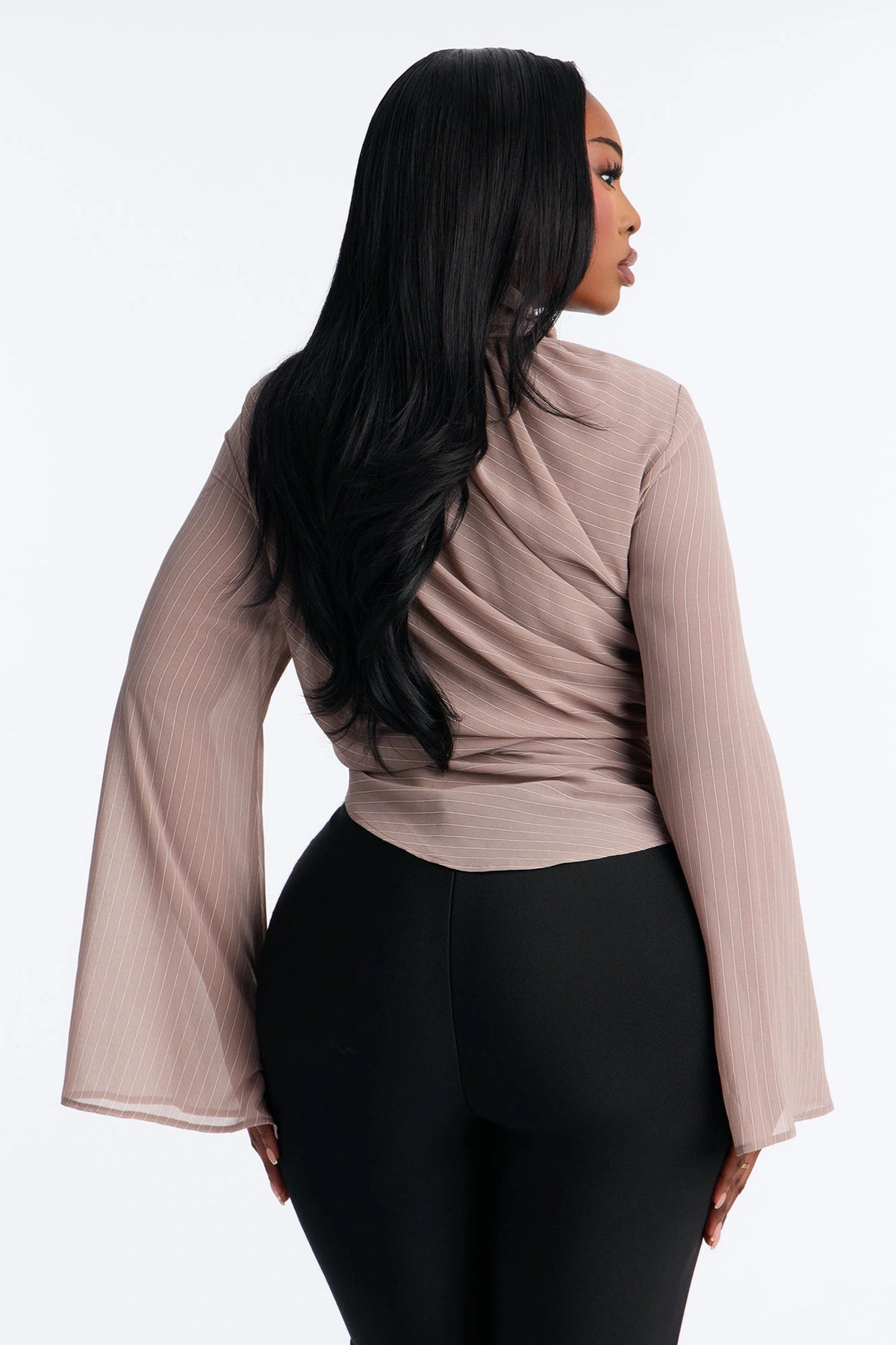 Controlled Desires Striped Long Sleeve Blouse - Taupe/combo — Bege acinzentado/combinação