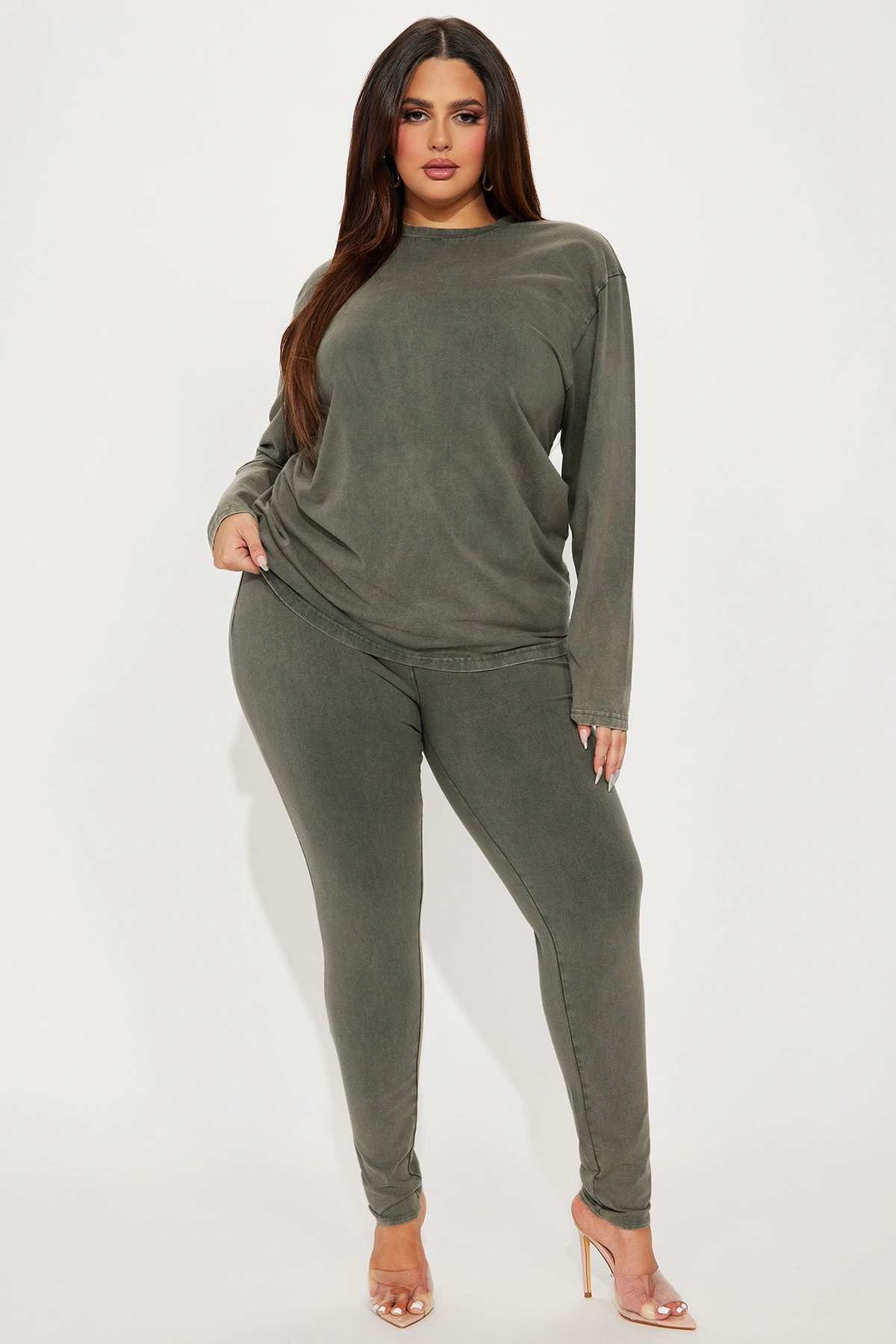 Stepping Out Mineral Wash Long Sleeve Legging Set - Olive — Verde-azeitona