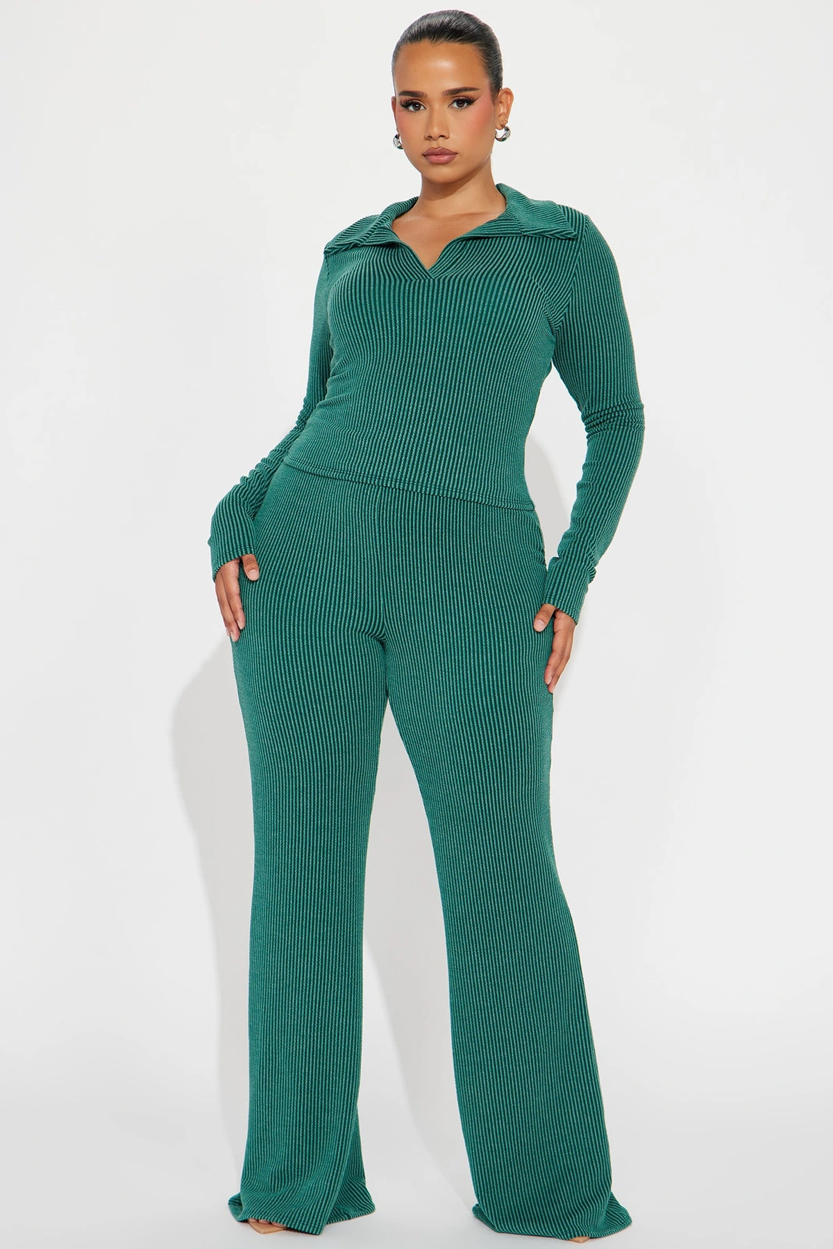Josie Ribbed Long Sleeve Set - Hunter — Verde-escuro