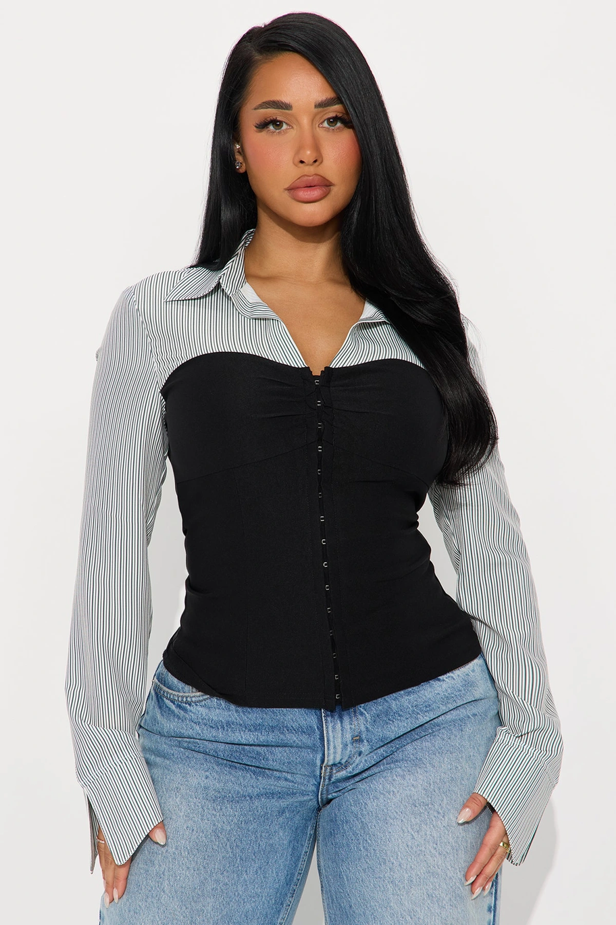 Over Time Set In Poplin Corset Top - Black/combo — Preto/combinação