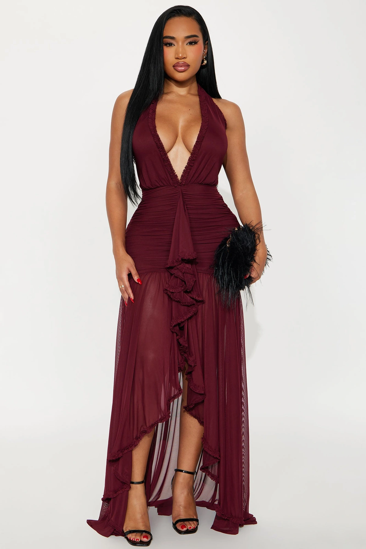 Alessandra Ruched Ruffle Gown - Burgundy — Bordô