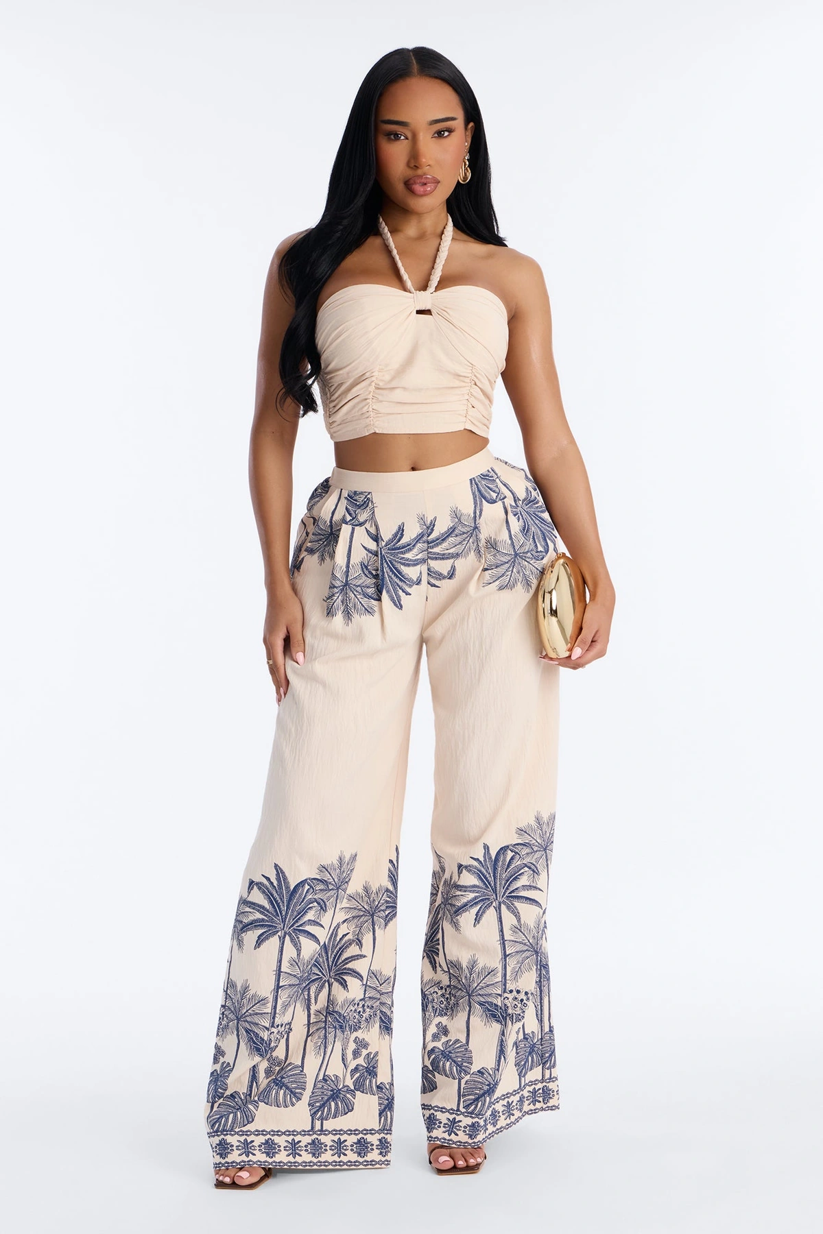 Island Babe Linen Halter Pant Set - Taupe/combo — Bege acinzentado/combinação