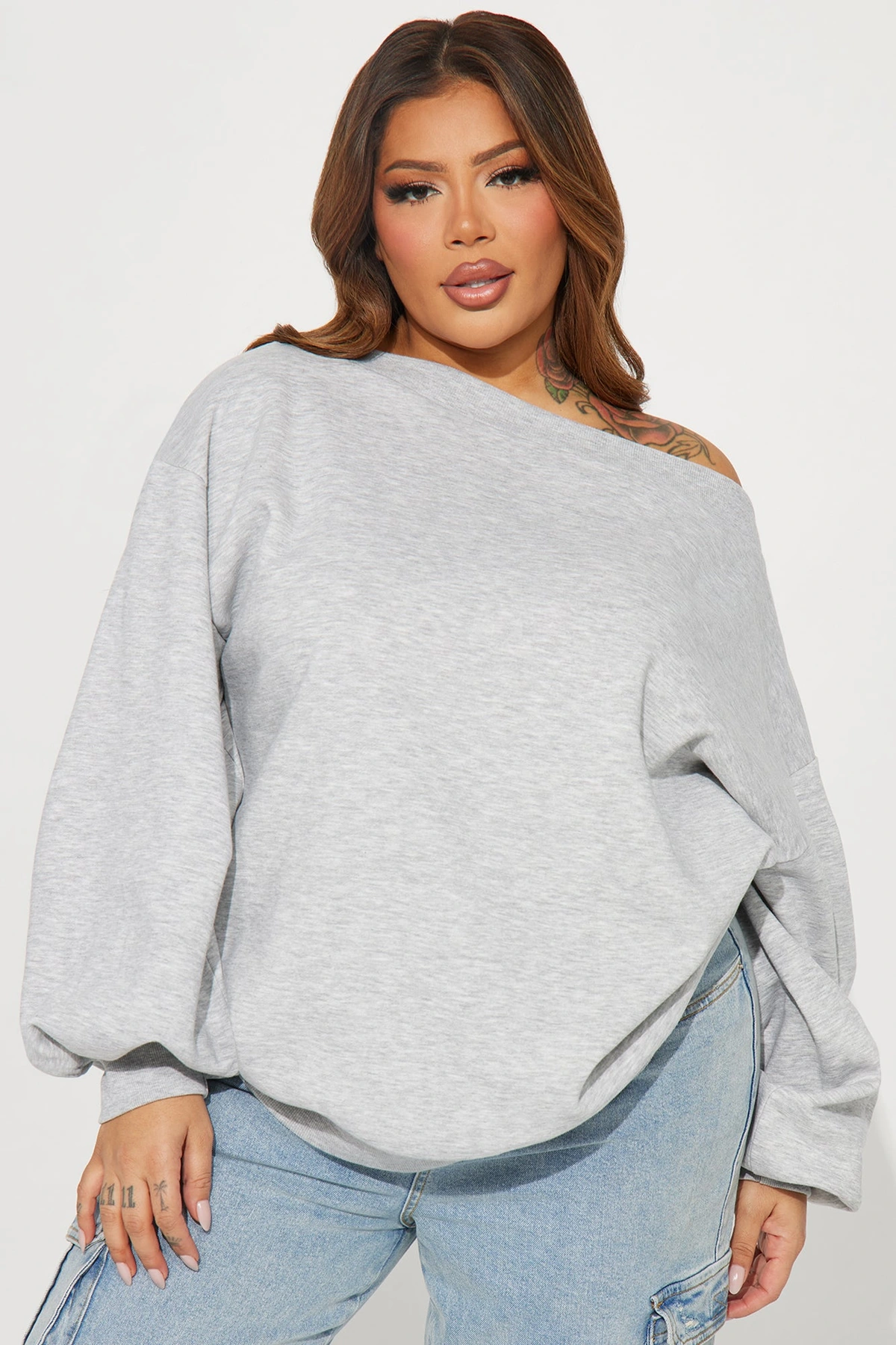 Vera Off Shoulder Oversized Sweatshirt - Heather Grey — Cinzento mesclado