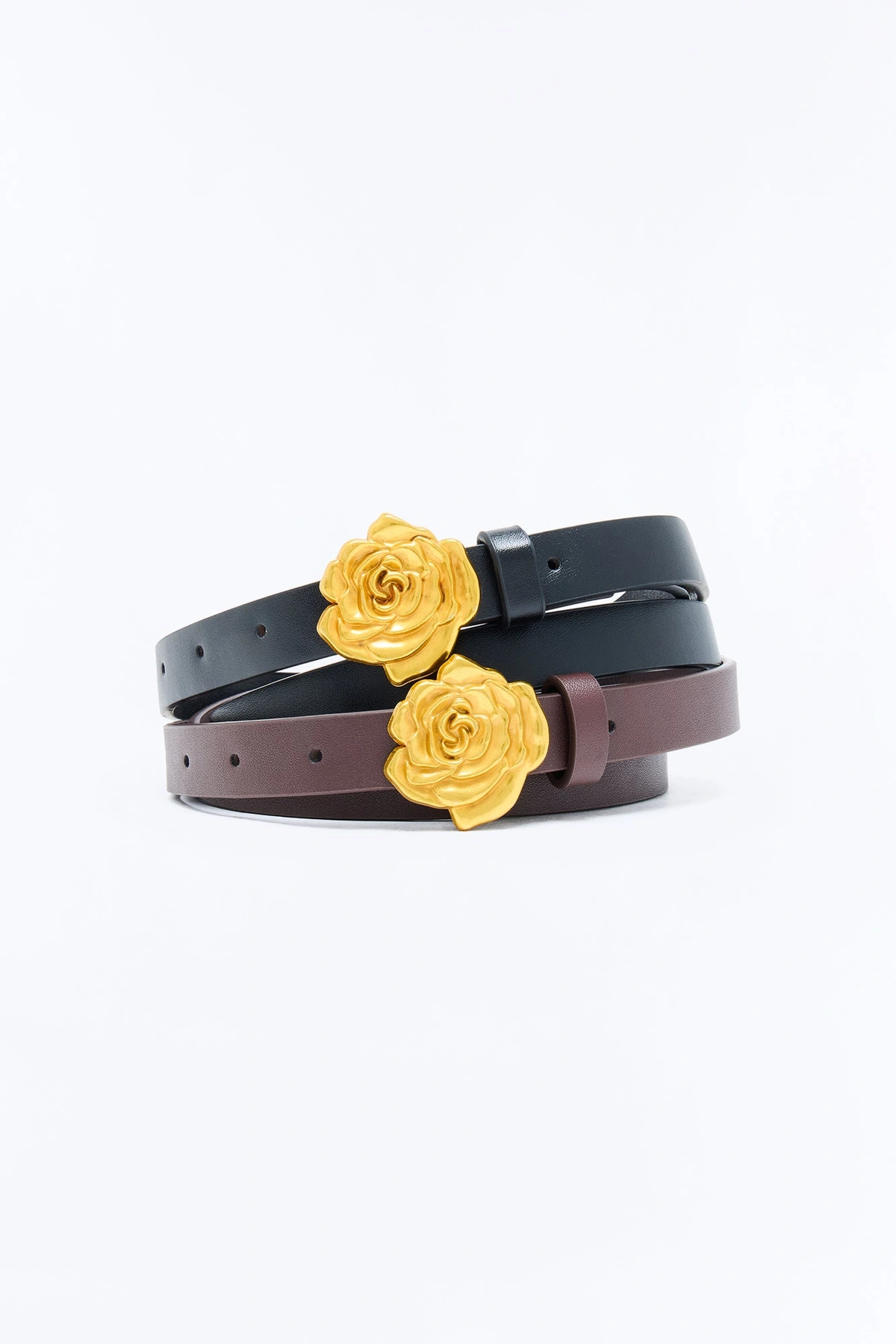 Desert Rose Faux Leather 2 Piece Belt Set - Black/Brown — Preto/Castanho