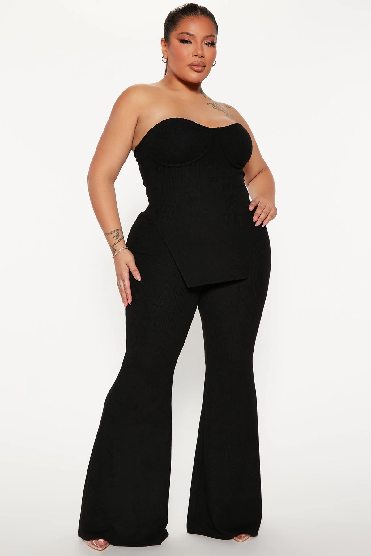 Call My Name Ribbed Pant Set - Black — Preto