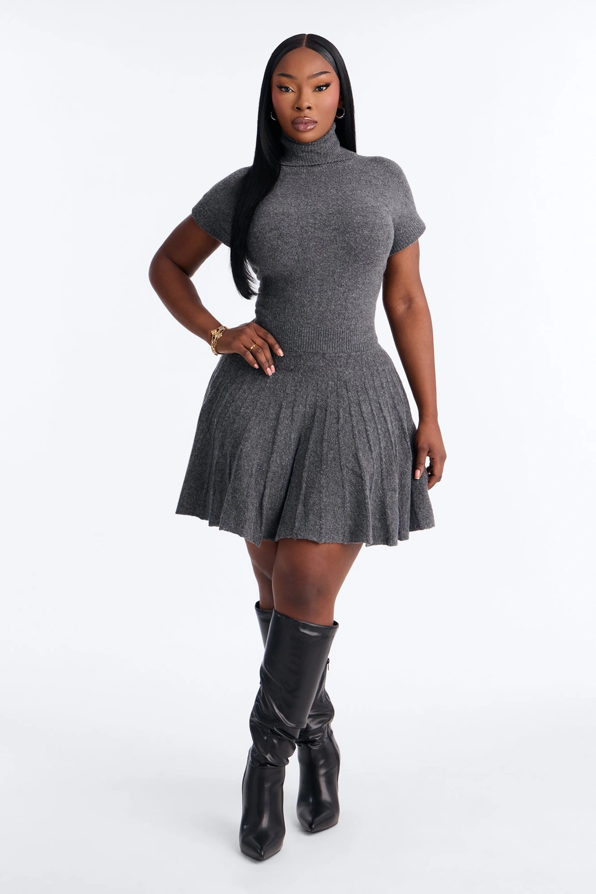 Hazel Turtle Neck Sweater Mini Dress - Charcoal — Cinzento-escuro
