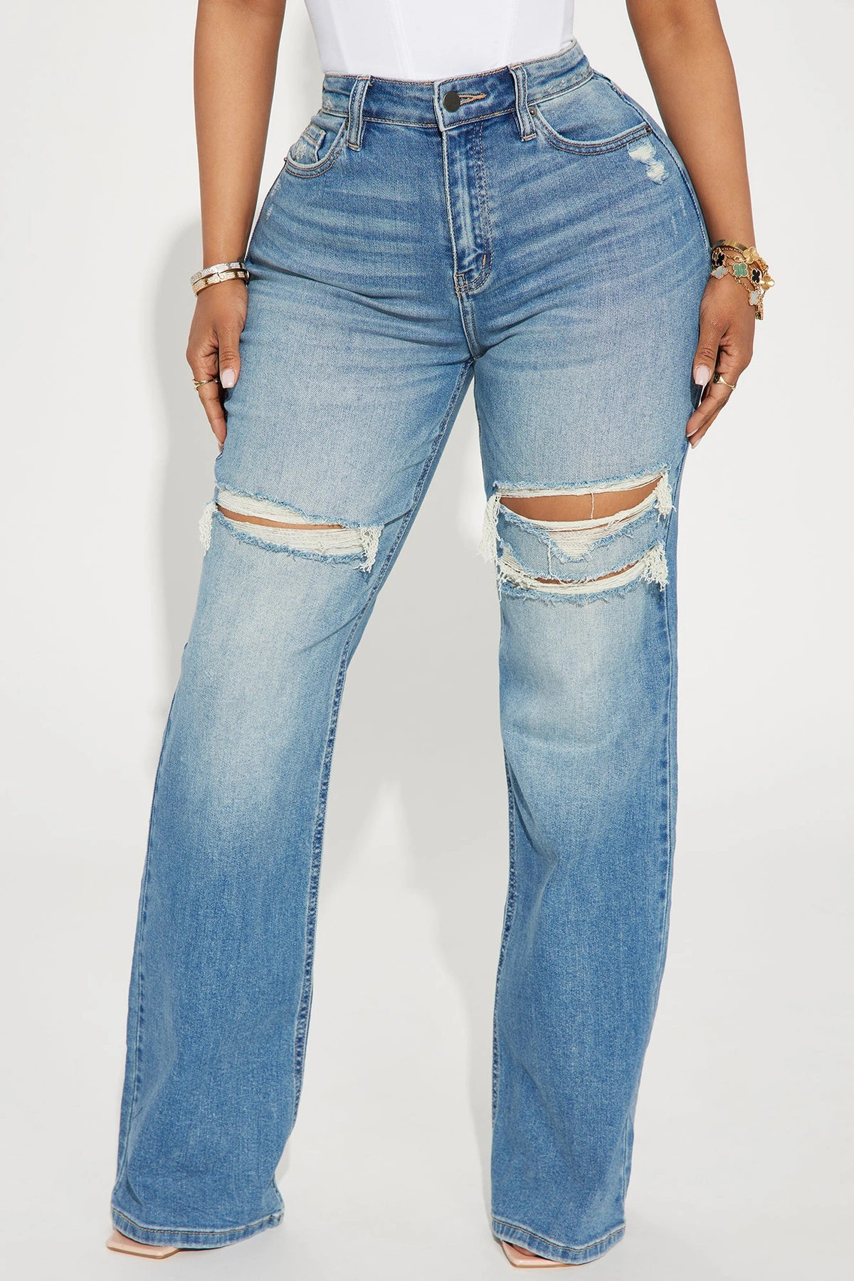 Remi Ripped Stretch Baggy Jeans - Medium Wash — Ganga de lavagem média