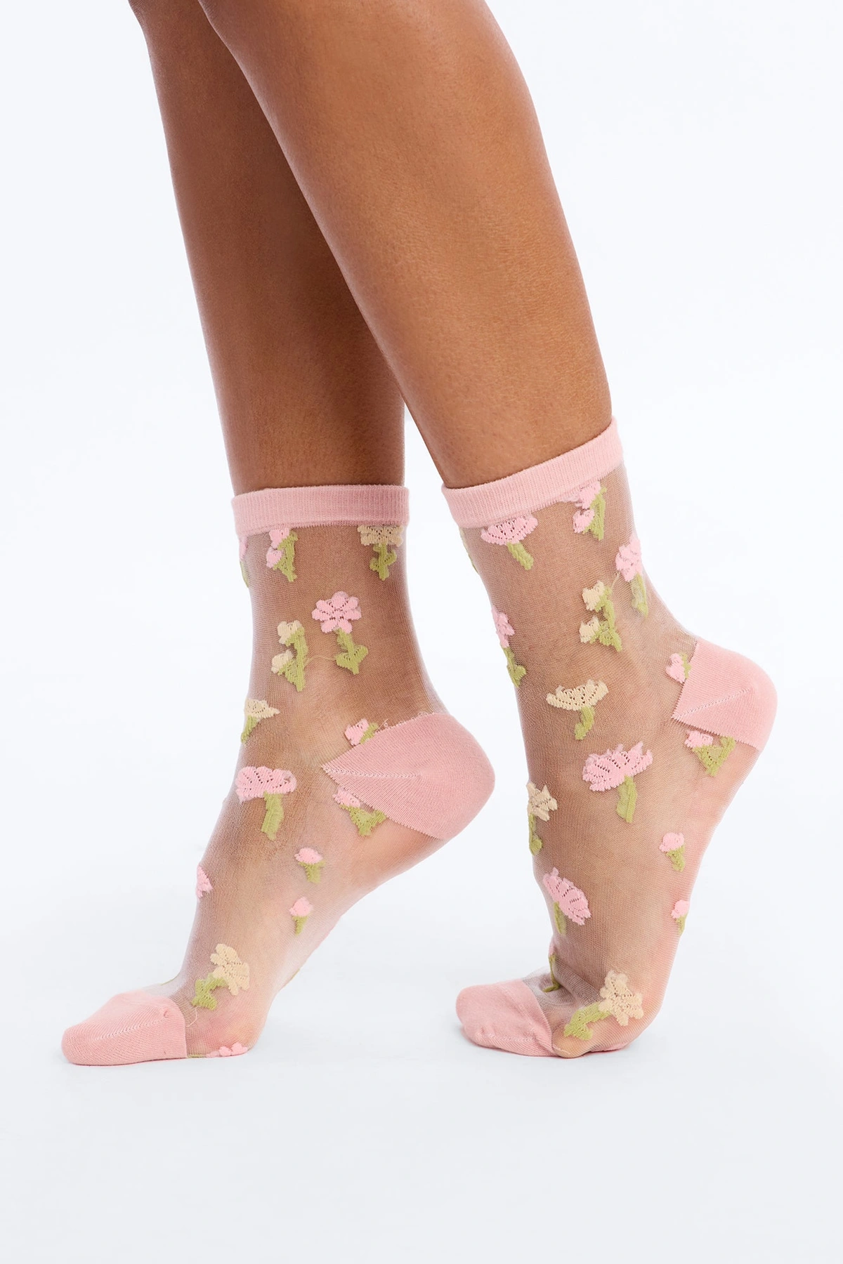 Pink Flowers Sheer Crew Socks - Pink/combo — Rosa/combinação
