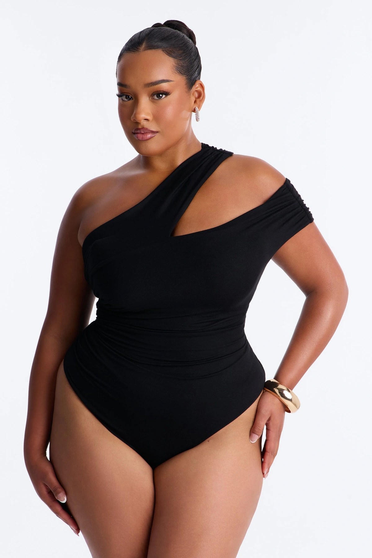 Been Here Before Ruched One Shoulder Bodysuit - Black — Preto