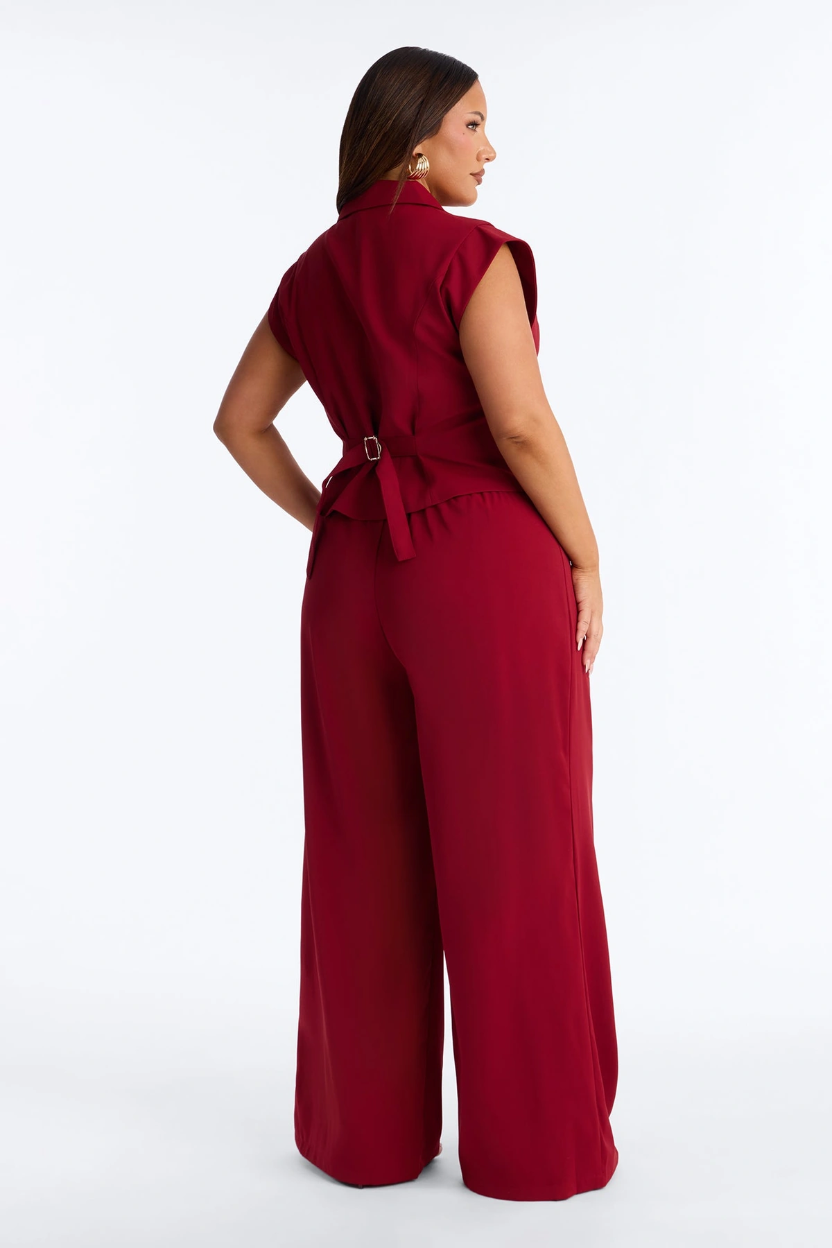 Feeling Polished Cinched Vest Pant Set - Burgundy — Bordô