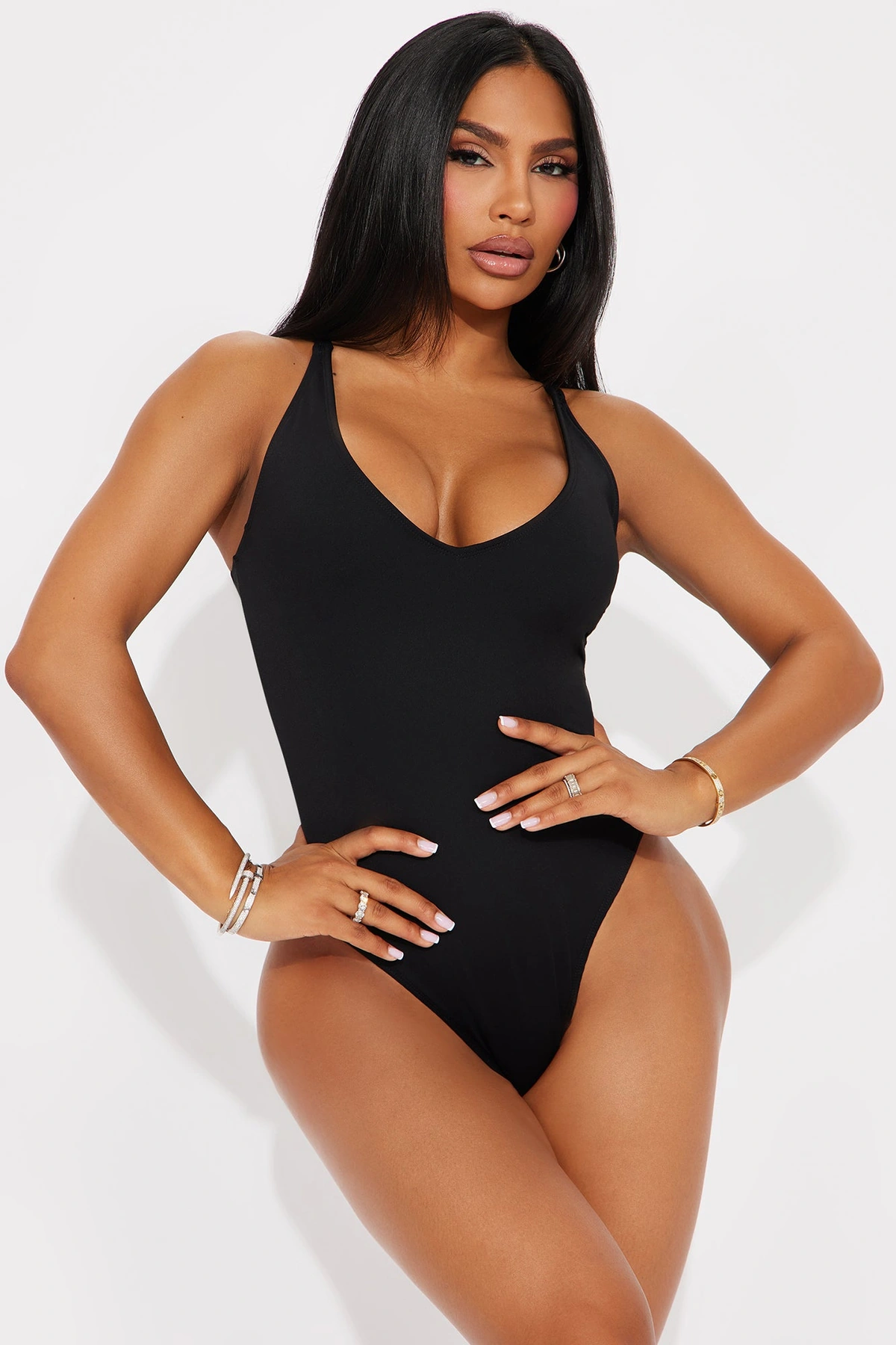 Delvina Snatched Sculpting V Neck 1 Piece Swimsuit - Black — Preto