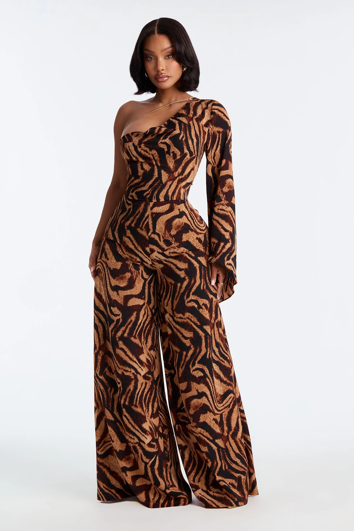 Tori Zebra One Shoulder Jumpsuit - Brown/combo — Castanho/combinação