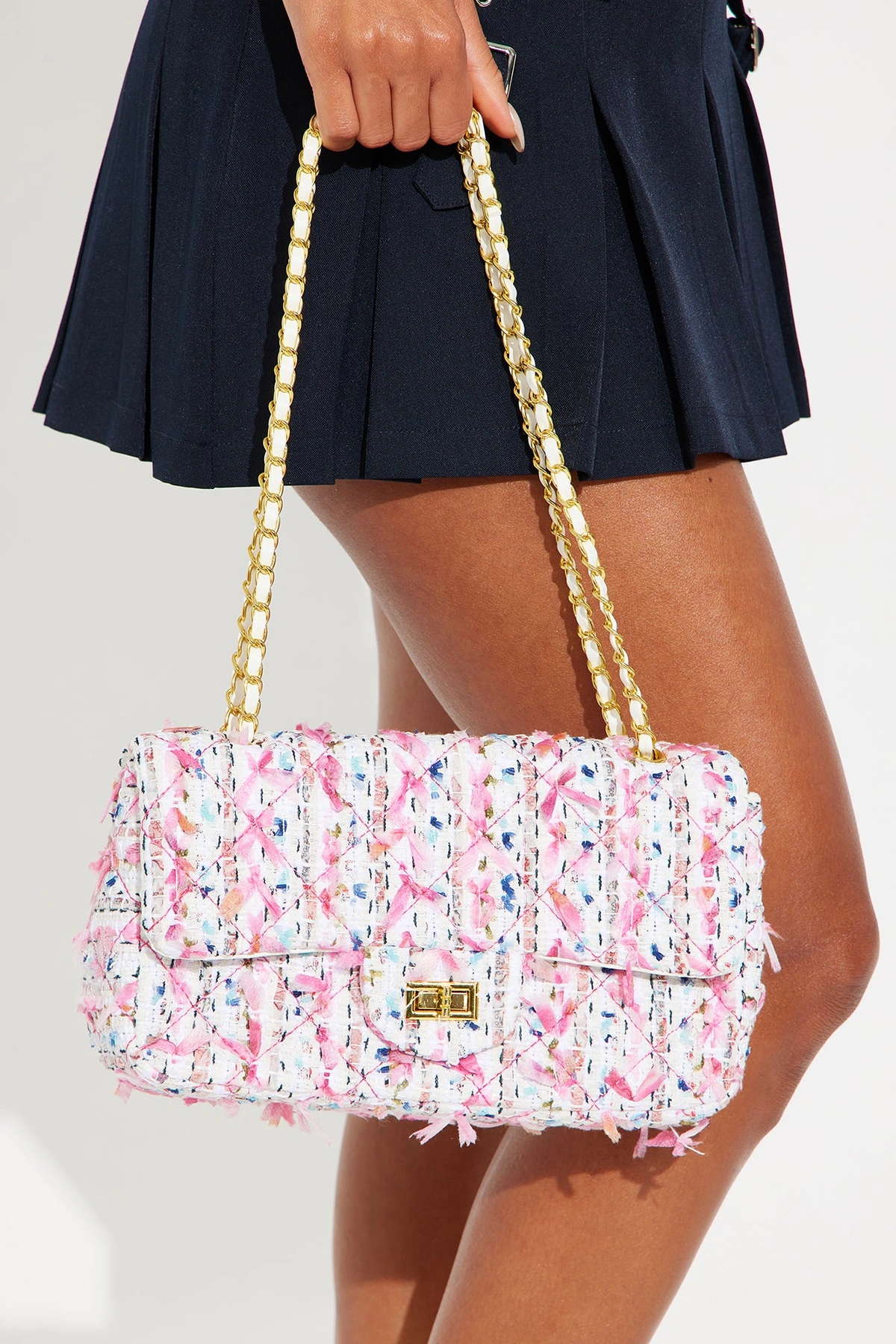 Clueless Chic Tweed Crossbody Handbag - Pink/combo — Rosa/combinação