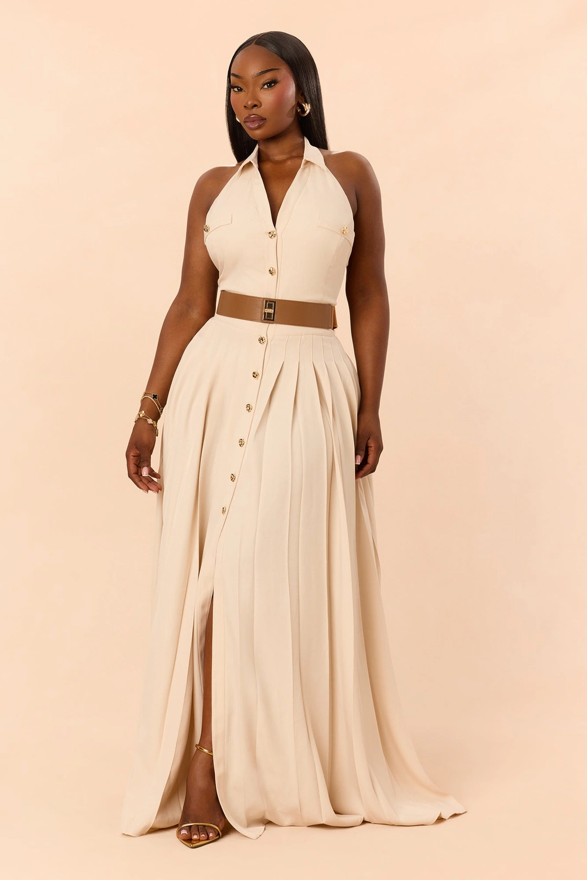 Maya Pleated Maxi Dress - Beige — Bege