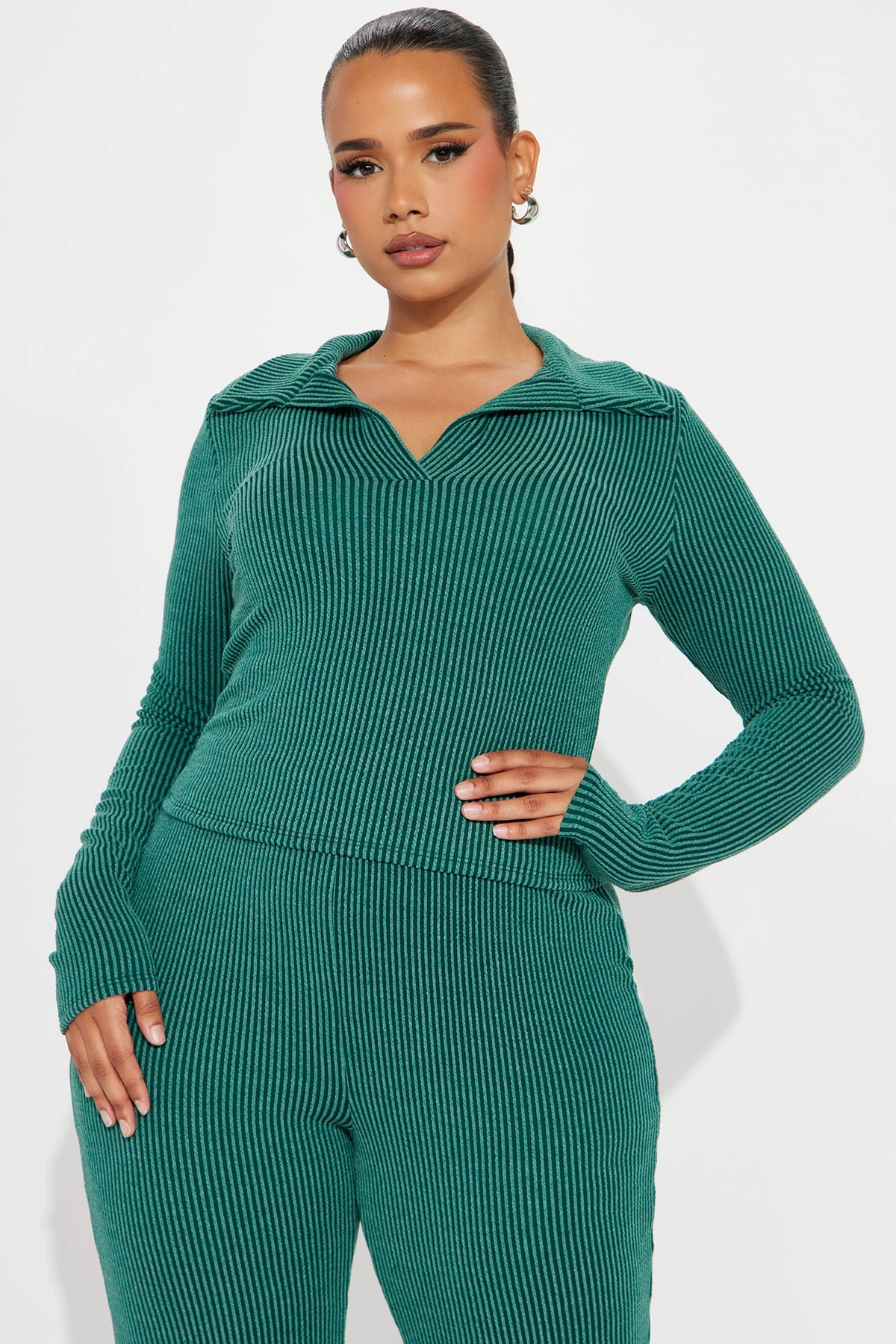 Josie Ribbed Long Sleeve Set - Hunter — Verde-escuro