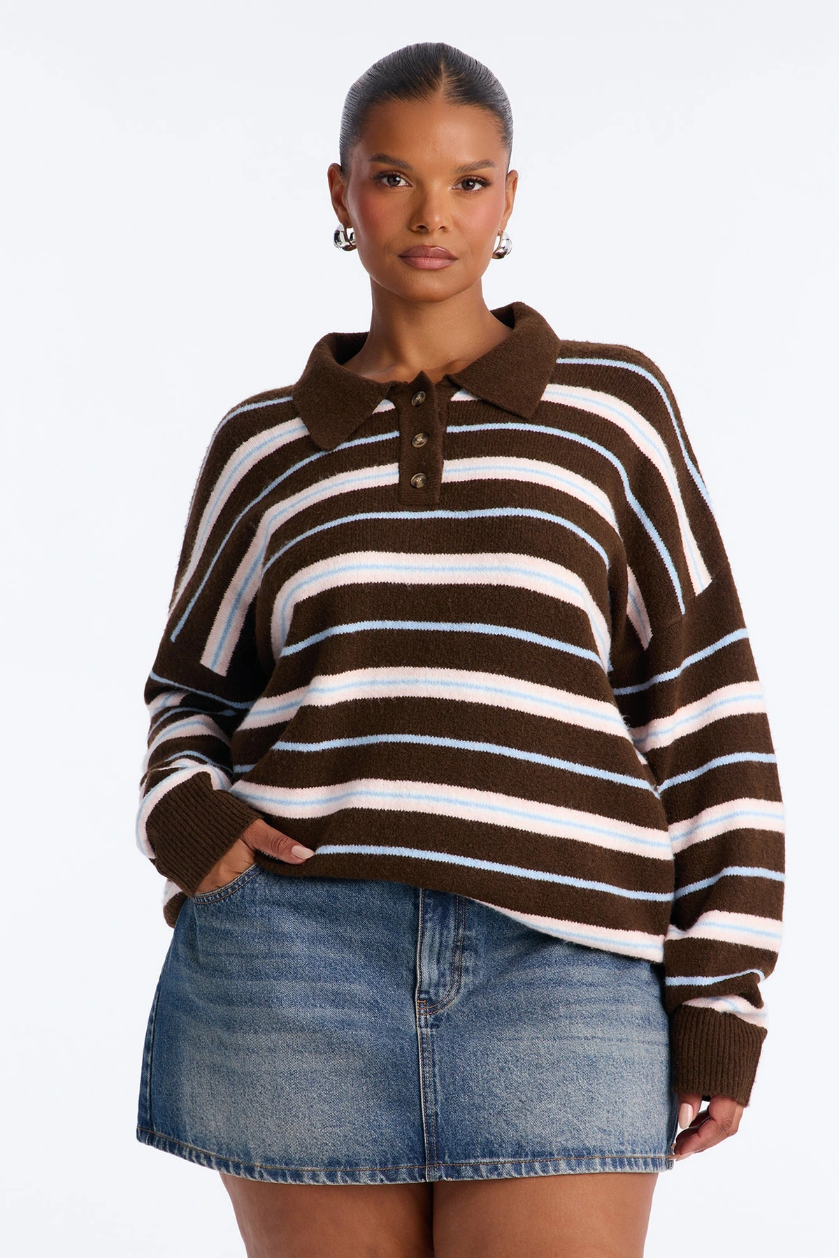 That Fall Feeling Striped Polo Sweater - Brown Combo — Castanho combinação