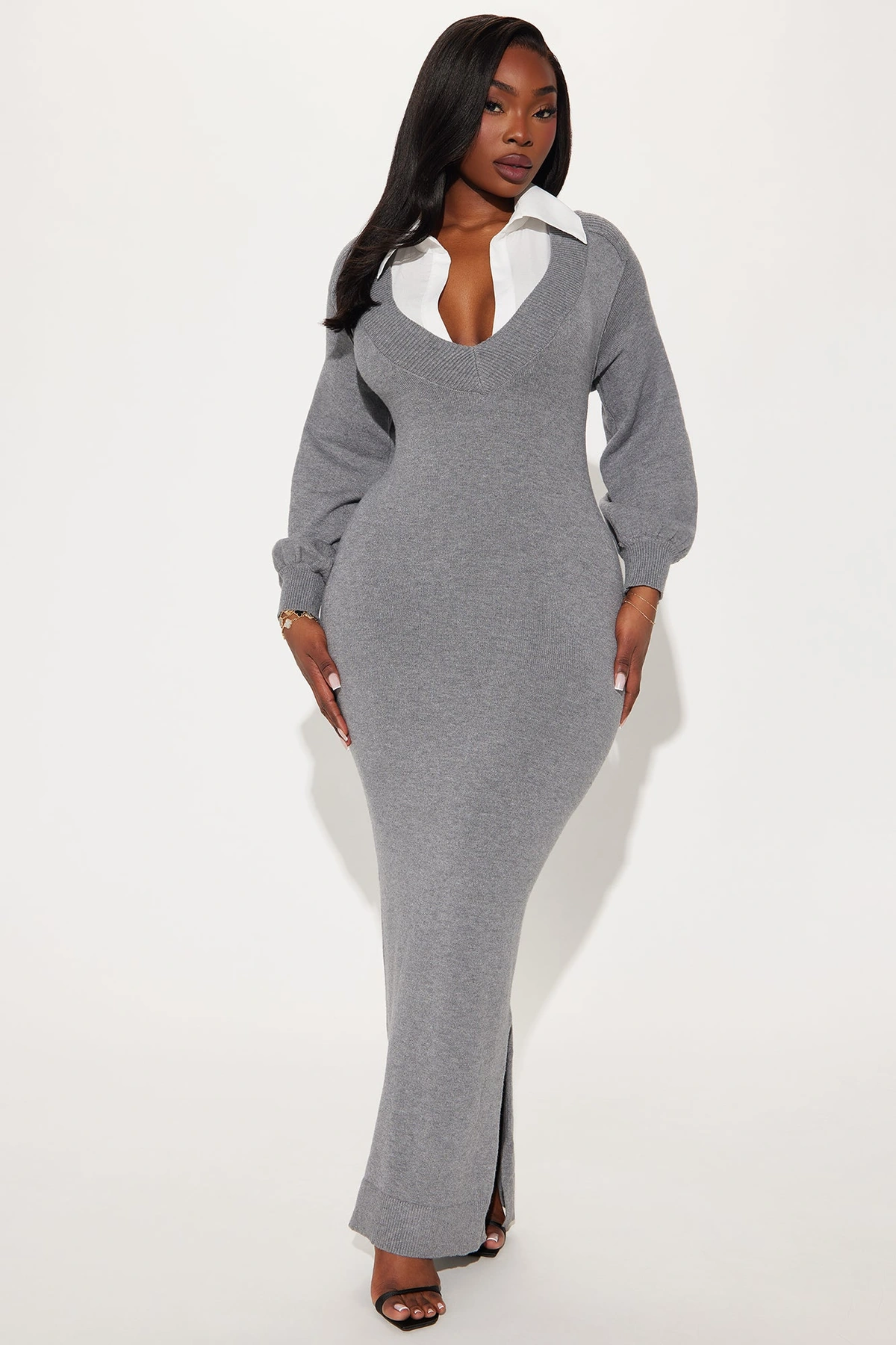 Bailey Collared Sweater Maxi Dress - Charcoal — Cinzento-escuro