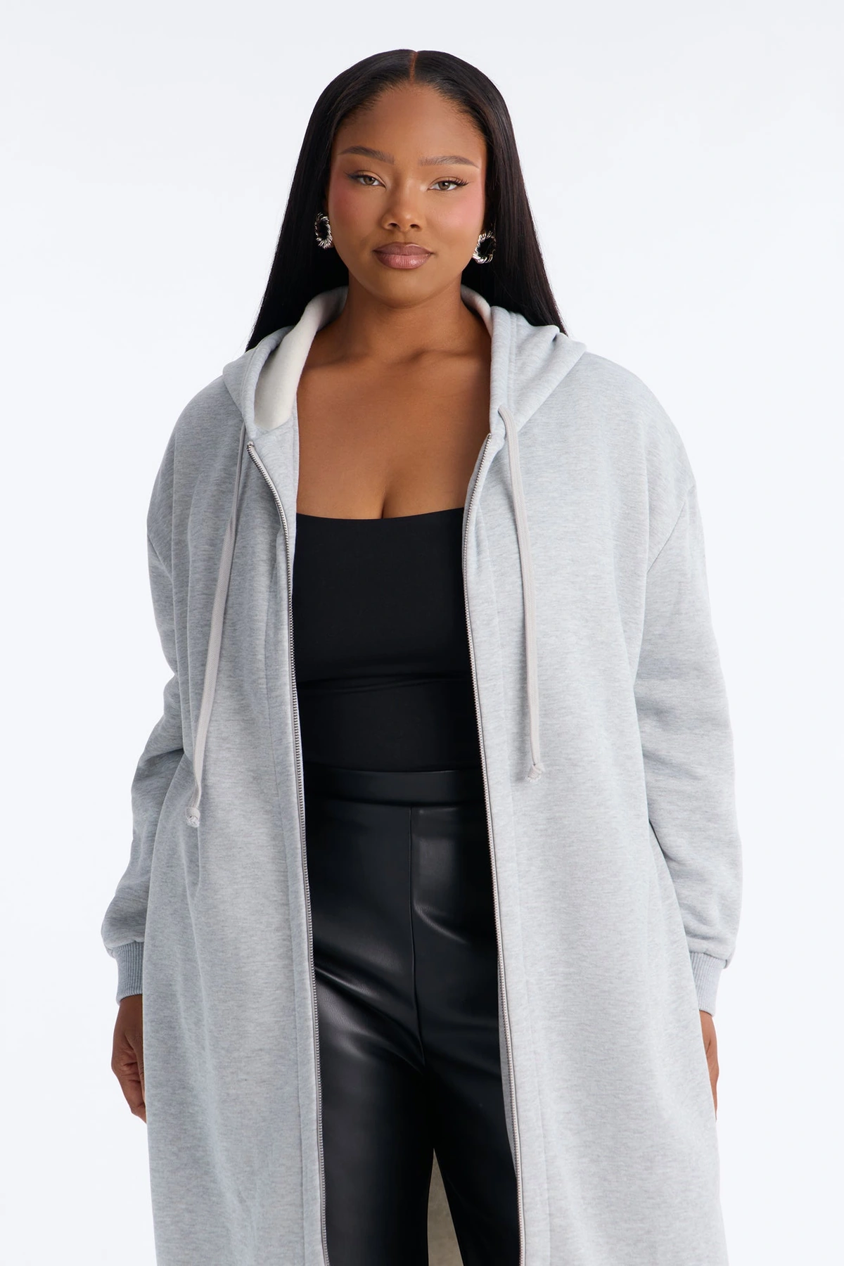 Sunday Lounge Fleece Hooded Long Jacket - Heather Grey — Cinzento mesclado