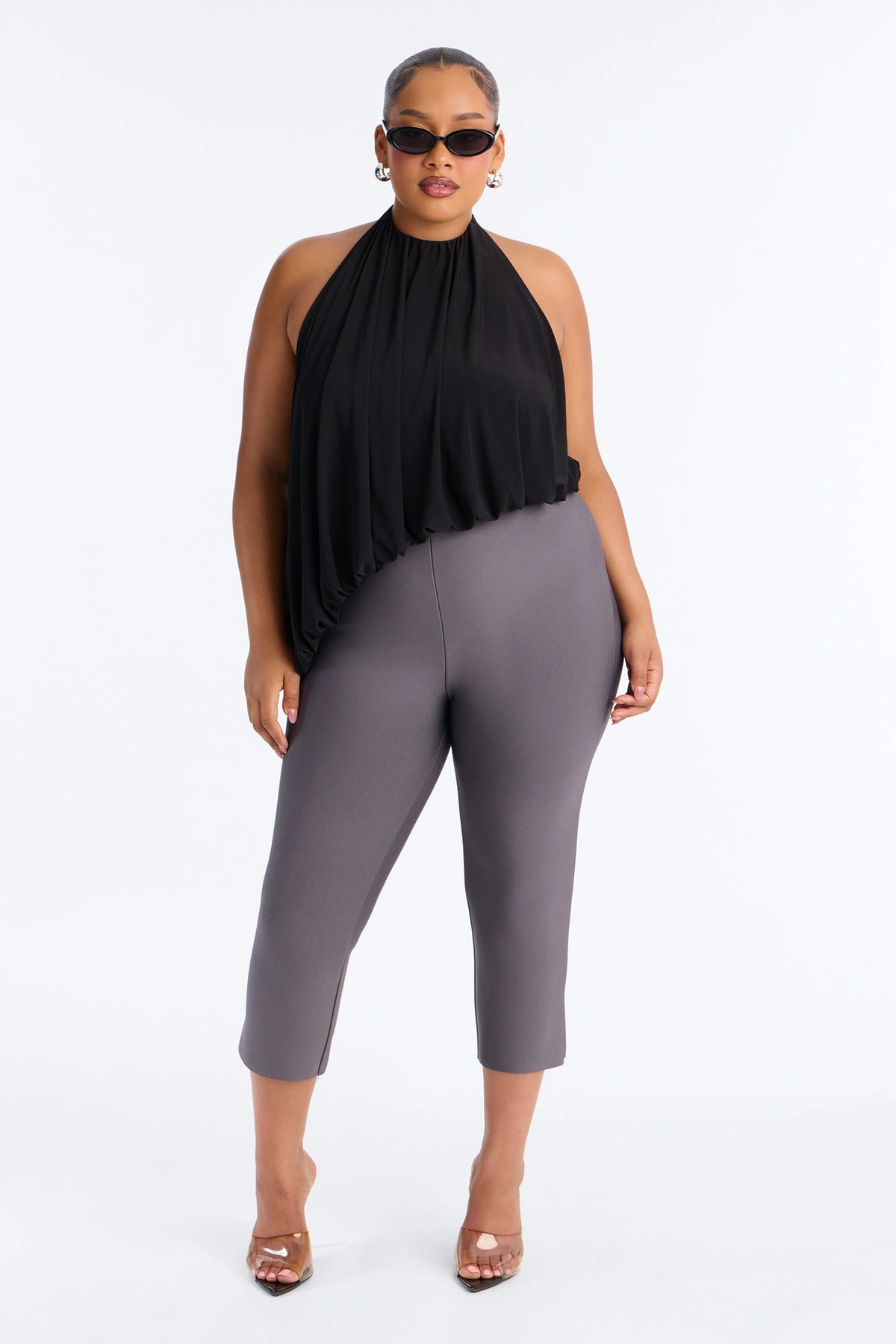 Selena Ruched Asymmetrical Halter Top - Black — Preto