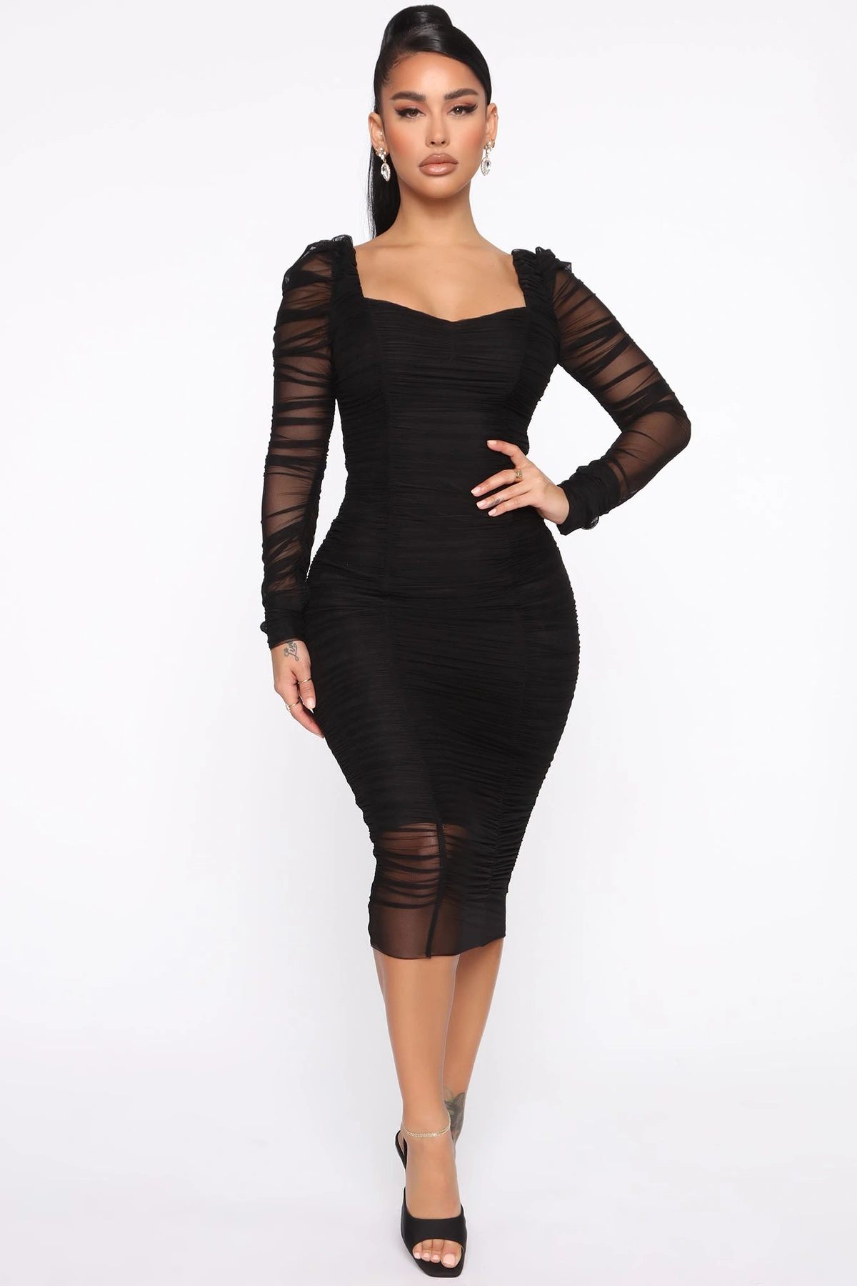 Did You Mesh Me Ruched Midi Dress - Black/Black — Preto/Preto