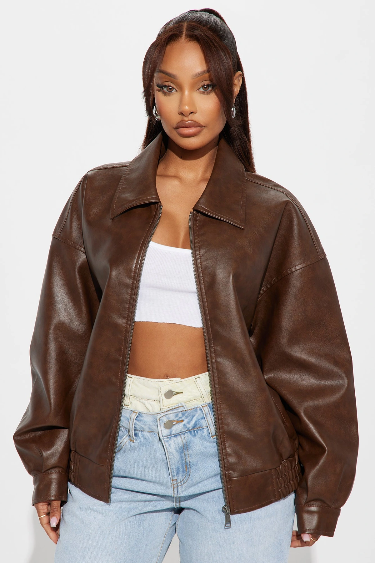 Hustle Mode Oversized Faux Leather Jacket - Chocolate — Chocolate