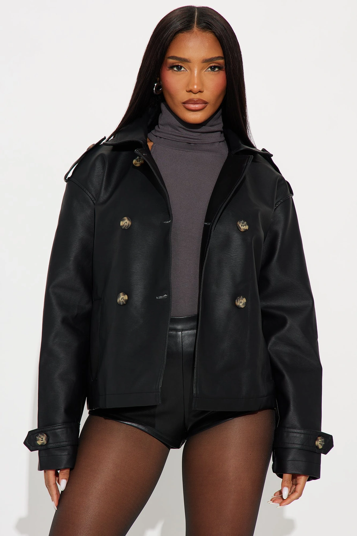 Inessa Faux Leather Trench Jacket - Black — Preto